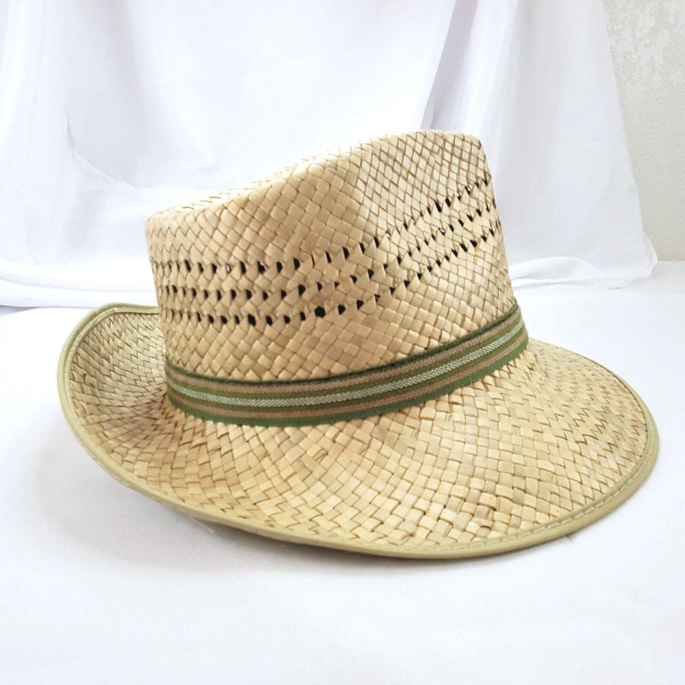 1970's Handwoven Straw Pinch Hat With Green Ribbon Metal Buckle Mens size Small